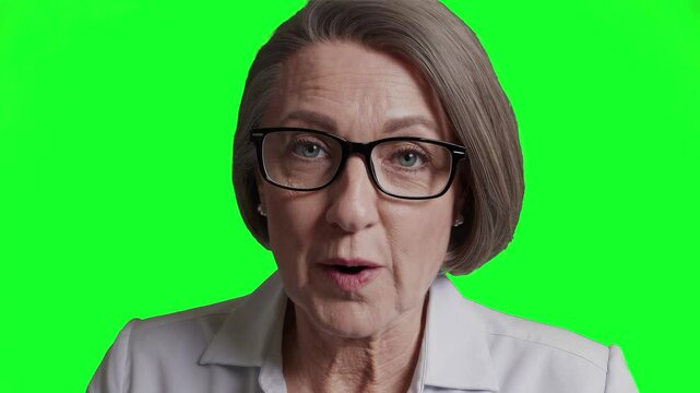 3D animated elderly woman with short gray-blonde hair and glasses, warmly speaking to the camera in a white coat. Isolated on green screen. Ideal as a doctor, educator, therapist, or health profession