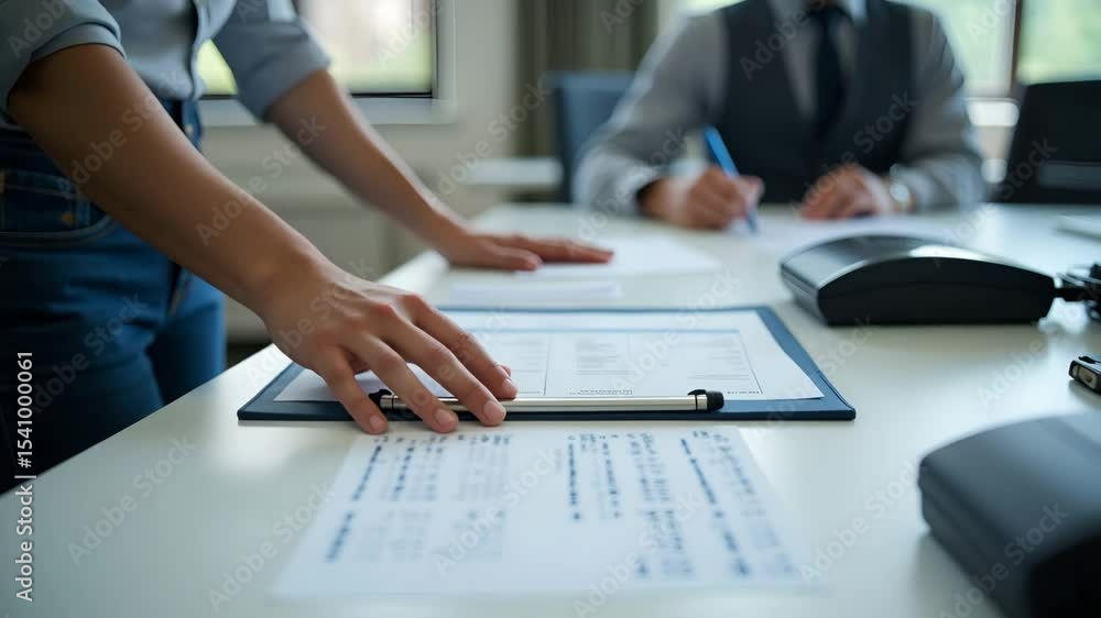 Poster administrative clerk processing customs tax collection paperwork in government office: efficient use