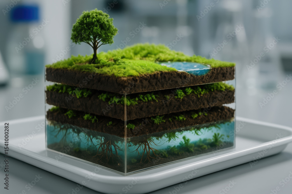 Poster bio innovation and engineering combine this layered soil model with moss tree and water illustrating