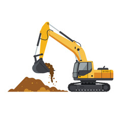 Vector illustration of a yellow excavator digging soil and dumping it onto a pile.