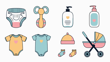 Illustration of various baby items including clothing and accessories
