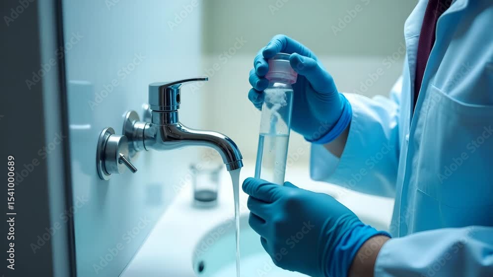 Poster technician conducting onsite tap water test: analyzing residual chlorine and turbidity with sterile 