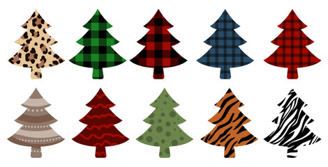 Festive Holiday Forest Set: A collection of vividly patterned Christmas trees. Evoking the season's joy and the charm of festive ornamentation, these ornaments exude a captivating allure.