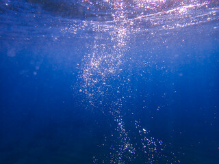 Air bubbles underwater rising to water surface, natural scene, bubbles under water, bubble...