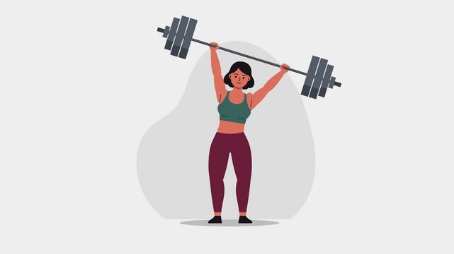 Vector animation of a fit woman with dark skin lifting a heavy barbell overhead, dressed in a green sports bra and burgundy leggings. Set against a simple abstract background. Great for gym promotions