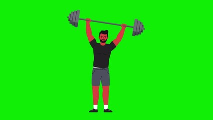 Animated cartoon of a muscular dark-skinned man in a black shirt and gray shorts lifting a barbell. Loop on green screen for fitness-themed overlays, gym visuals, or strength animations.