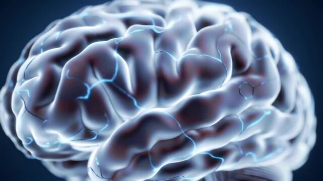A detailed view of a human brain with visible convolutions and a dark blue background