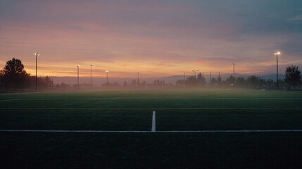 Empty Soccer Field at Dawn/Dusk with Fog & Lights: Eerie, Serene Sports Ground