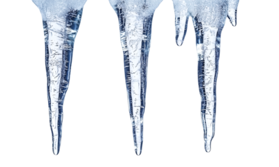 Hanging icicles with detailed frozen texture winter weather elements isolated on transparent background.