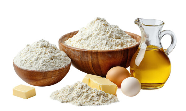 Flour eggs butter and oil composition for baking recipes isolated on transparent background.