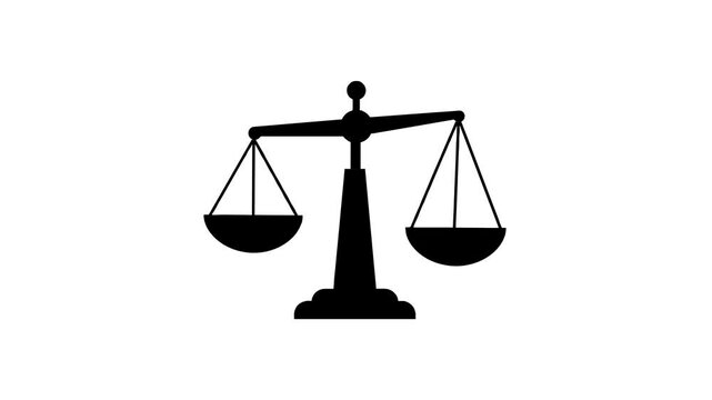 Looped animation of black silhouette scales swinging slightly on a white background. Great for explainer videos, legal presentations, civic education, or minimalist law-themed content.