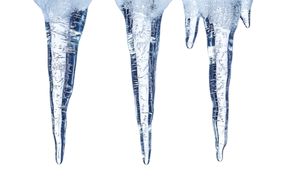Hanging icicles with detailed frozen texture winter weather elements isolated on transparent background.