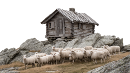 Gathering sheep near rustic cabin in rocky landscape tranquil nature scene serene environment cut out png
