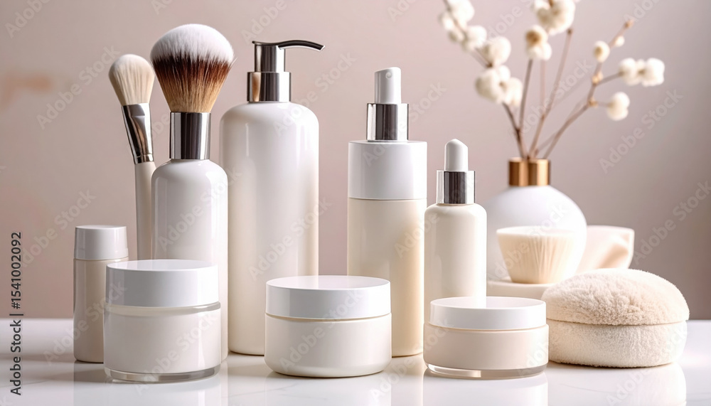 Poster luxurious collection of cosmetic products displayed elegantly, featuring various containers and brus