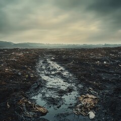 Fototapeta premium A polluted field with toxic waste scattered across the soil captured with an HQ camera