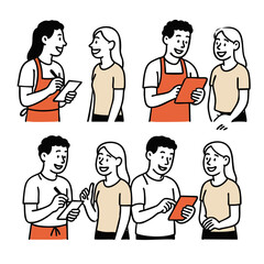 Customer Service and Order Taking Interactions, a barista taking a customer's drink order. Show the barista with a notepad or tablet and a smiling customer