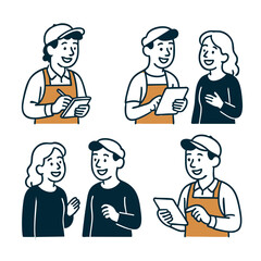 Customer Service and Order Taking Interactions, a barista taking a customer's drink order. Show the barista with a notepad or tablet and a smiling customer