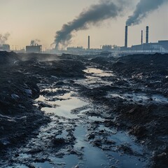 A polluted industrial site with toxic waste soaking into the ground captured with an HQ camera