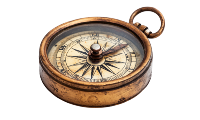 Vintage compass with worn details in a rustic nautical design isolated on transparent background.