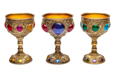 Vintage ornate golden chalices decorative glass gems isolated on transparent background.