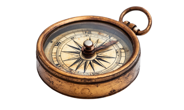 Vintage compass with worn details in a rustic nautical design isolated on transparent background.