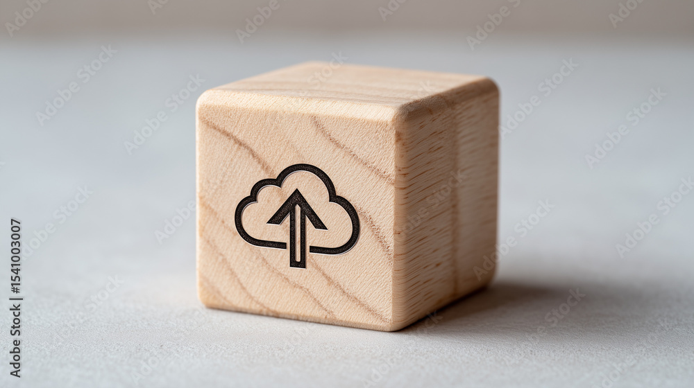 Poster wooden cube cloud computing data upload digital storage technology