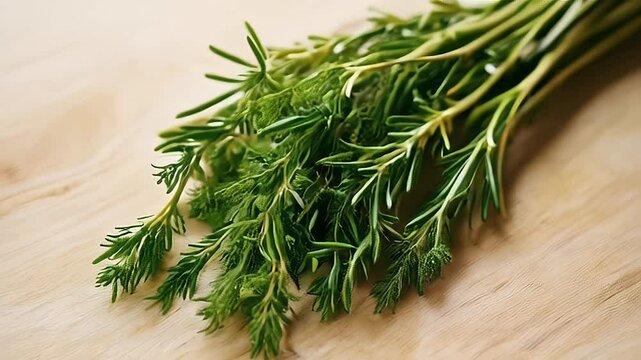 Freshly Picked Rosemary Herb Bundle on Wooden Background Texture