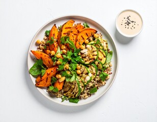 Healthy Lunch Plate with Quinoa, Sweet Potatoes, and Chickpeas – Top View