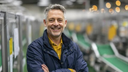 Smiling Man with Crossed Arms in a Modern Industrial Setting with Conveyor Belts - Powered by Adobe