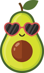 Cartoon avocado character wearing sunglasses with a happy smile and its pit showing.