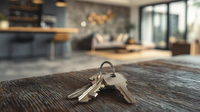Set of Keys on a Wooden Table with Modern Interior View in Soft Focus