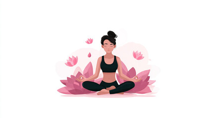 Woman meditating in lotus pose with pink petals, International Day of Yoga