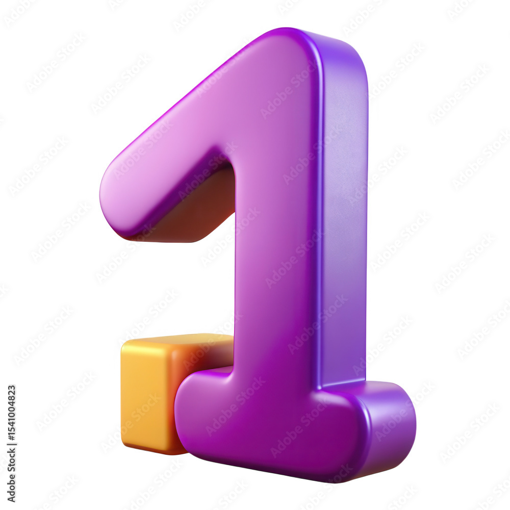 Poster 3d render of number one with orange cube isolated on transparent background