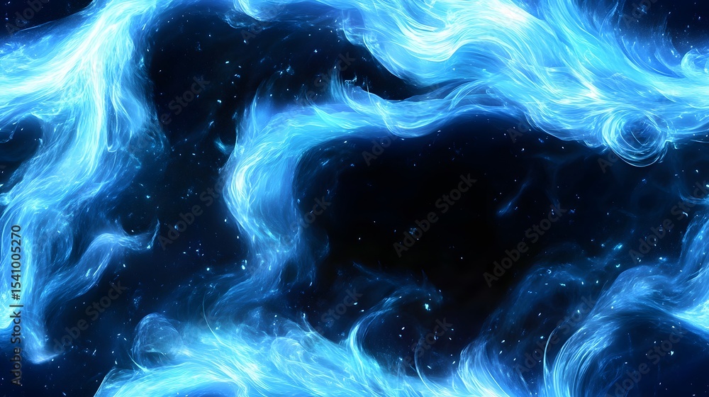 Poster abstract design with flowing blue patterns against a dark background.