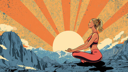 Woman meditating sunrise yoga illustration, International Day of Yoga