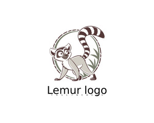 Charming black and white cartoon lemur on branch inside leafy frame, perfect for children's jungle storybooks, eco-toys, baby skincare labels, or animal-themed logo branding.

