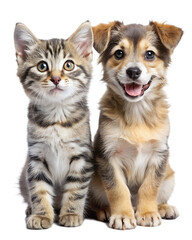 Adorable Tabby Kitten and Brown Puppy Studio Portrait Side by Side Sitting Close Together Soft Fur White Background A I isolated on a transparent background
