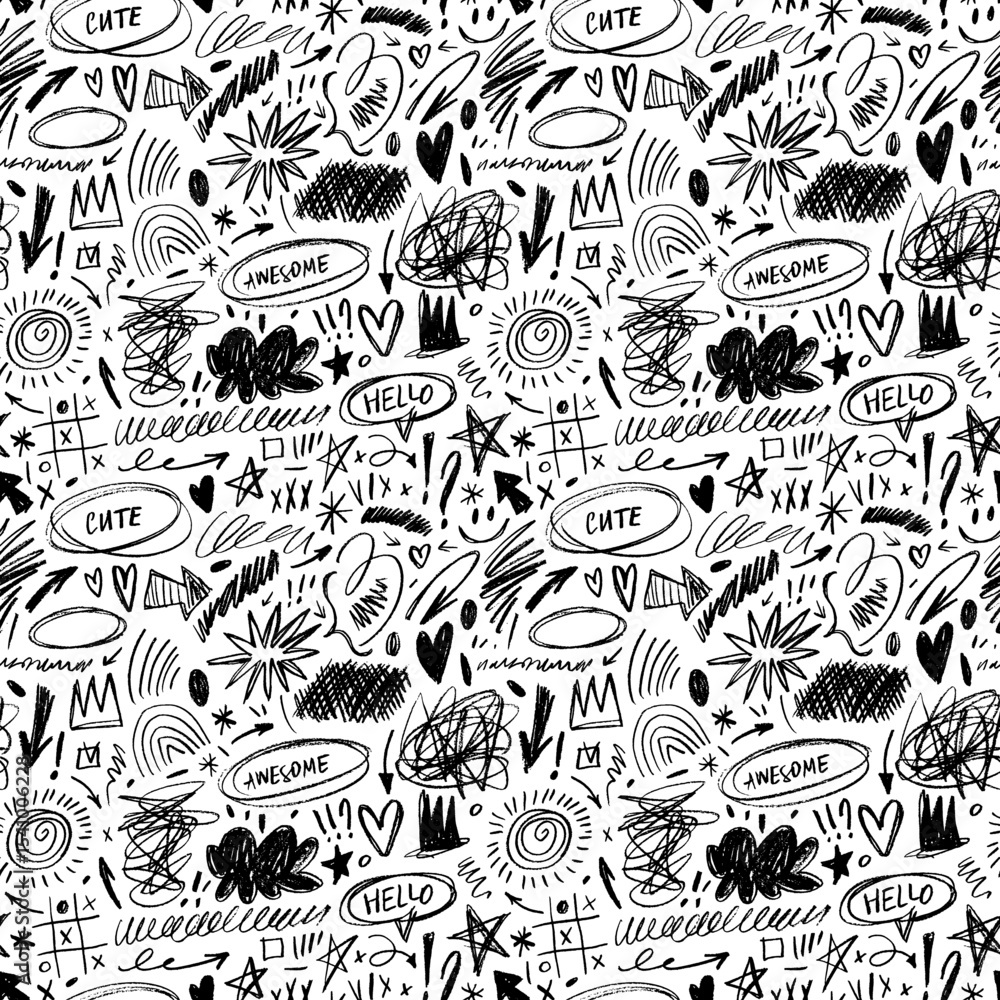 Poster Punk doodle seamless pattern with quirky crayon drawn shapes and scribbles.