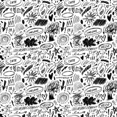 Fototapeta premium Punk doodle seamless pattern with quirky crayon drawn shapes and scribbles.