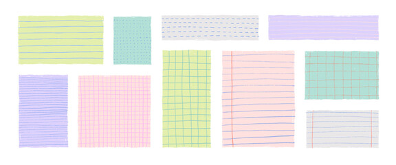 Crayon drawn grid and lines notebook papers and colorful notes. Hand drawn funky stickers with various simple textures. Grid, line and dot patterns. Design of square graph paper, school math sheet.