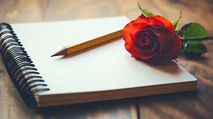 Realistic Mockup of Blank Spiral Notebook with Pencil and Flower, Generative AI