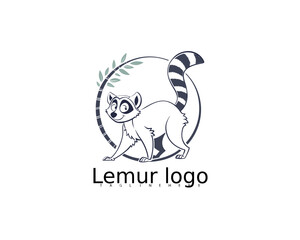Obraz premium Happy black and white cartoon lemur logo design in leafy wreath, ideal for branding children’s products, jungle-themed merchandise, or playful animal character design.
