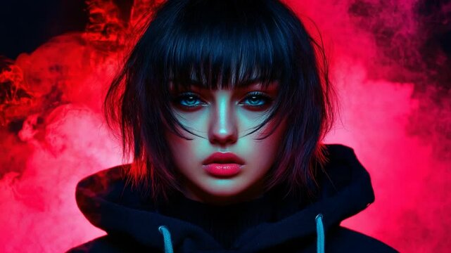 Red Smoke, Mysterious Gaze: A Cyberpunk Fashion Portrait