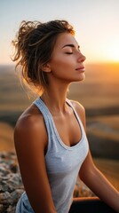 A woman with closed eyes enjoys a peaceful moment outdoors at sunset, wearing a striped tank top and sitting on a rock with a serene expression.