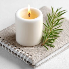 A lit white candle and a sprig of green leaves rest on a textured spiral notebook, creating a calm and cozy atmosphere.