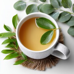 A white ceramic cup filled with herbal tea, garnished with fresh green leaves, resting on a natural woven coaster surrounded by assorted green foliage.