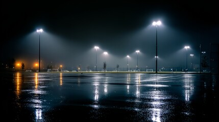 Stadium Lights Reflected on Wet Soccer Field at Night: Atmospheric & Eerie Landscape