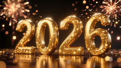A scene featuring the year 2026 in bold, golden 3D letters with a sparkling, reflective surface. Happy New Year, Happy New Year 2026, Merry Christmas And Happy New Year