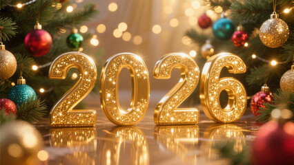 A scene featuring the year 2026 in bold, golden 3D letters with a sparkling, reflective surface. Happy New Year, Happy New Year 2026, Merry Christmas And Happy New Year