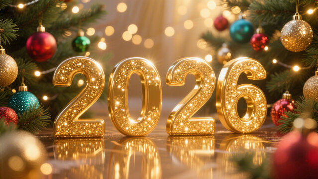A scene featuring the year 2026 in bold, golden 3D letters with a sparkling, reflective surface. Happy New Year, Happy New Year 2026, Merry Christmas And Happy New Year